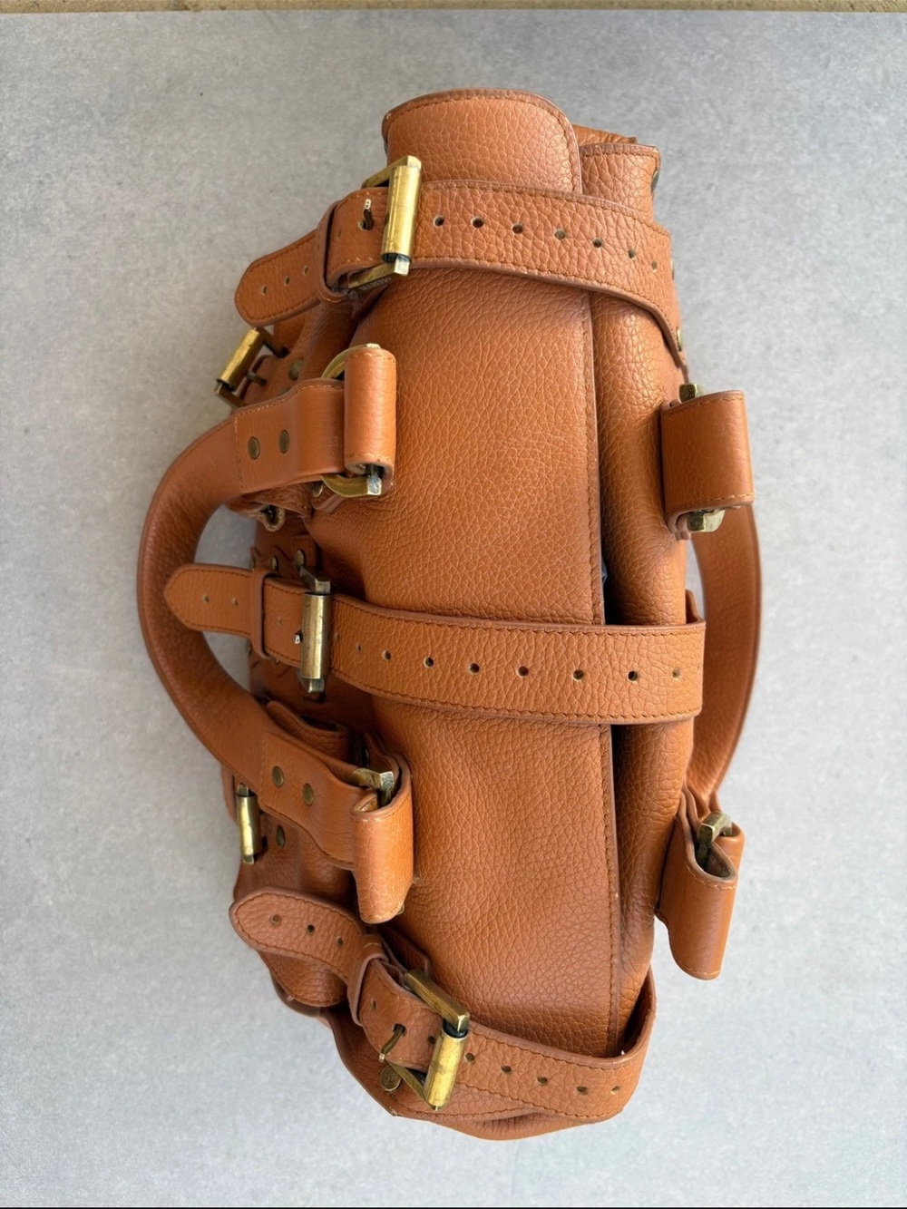 Mulberry Orange-Tan Pebbled Leather Satchel with Buckle Pockets - Picture 6 of 16